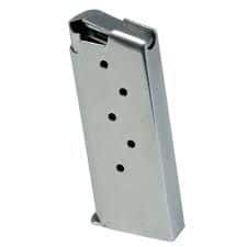 Detachable metal handgun magazine with round-count holes along the side.