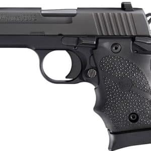 Side view of a black SIG Sauer compact semi-automatic pistol with a textured grip.