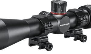 Black riflescope with adjustable turrets labeled 'Simmons Target', mounted on two scope rings