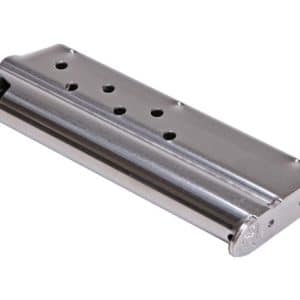 Metallic pistol magazine with several circular holes along the side and a black follower at the end.