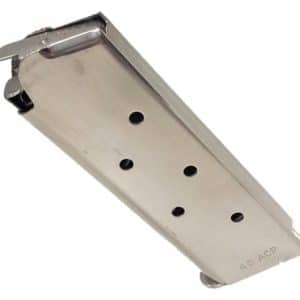 Metal pistol magazine detached from a firearm, showing its curved, perforated body and feed lips at the top.