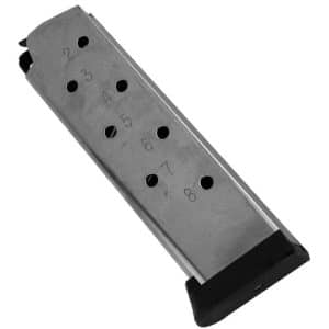 Metal pistol magazine with numbered holes showing capacity, angled for the viewer.