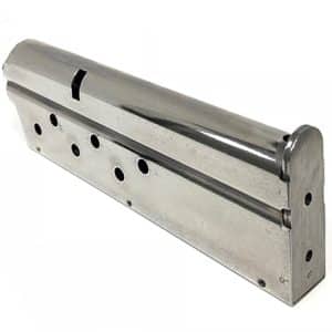 Metal pistol magazine lying on its side, silver/chrome finish, angled view.