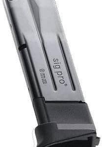 Silver pistol magazine with a black baseplate, designed to feed rounds into a handgun (SIG Pro).
