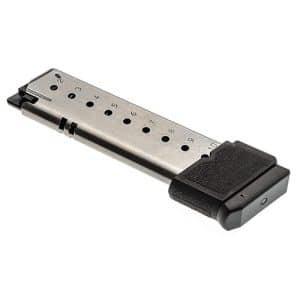 Metal pistol magazine with numbered round-count holes and a black plastic baseplate, used to hold ammunition.