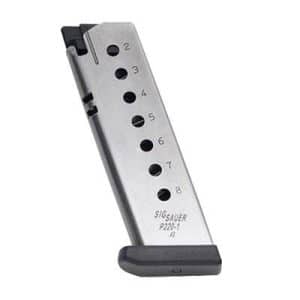 Stainless steel handgun magazine with a black base plate, eight-round capacity, labeled SIG SAUER.