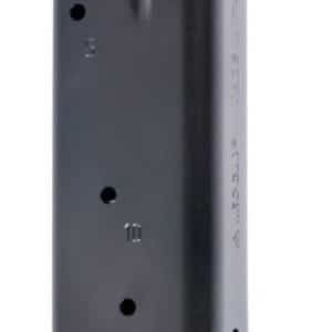 Metal pistol magazine with a black plastic base plate, showing numbered witness holes (5, 10, 13) along the side.