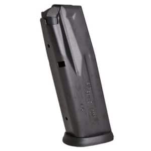 Black pistol magazine standing upright with a rounded base plate visible at the bottom