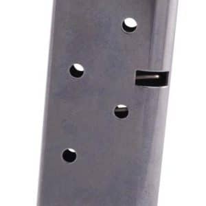 Metal pistol magazine with round-count holes visible along the side and feed lips at the top.