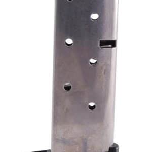 Metal handgun magazine with a black plastic baseplate and round witness holes along its side.