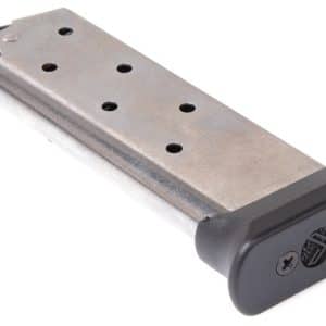 Metal handgun magazine with a black base plate, designed to hold cartridges for a semi-automatic pistol