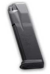 Detached pistol magazine (ammo magazine) with dark body and release lip at the top, used to hold and feed rounds into a semi-automatic firearm.