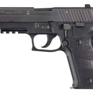 Left-side view of a black semi-automatic pistol with a textured grip and accessory rail.