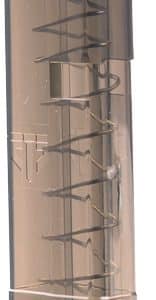 Detachable pistol magazine, partially translucent, showing rifle-like rounds inside and an orange follower at the top.