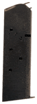 Black curved metal firearm magazine with several circular holes along its side, shown against a white background.