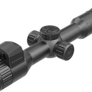 Black riflescope with adjustable turrets and lens caps, viewed from the side.