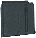 Black metal detachable rifle magazine lying flat.