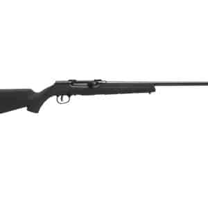 Side view of a long, black bolt-action rifle with a synthetic stock and straight barrel.