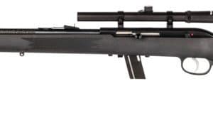 Bolt-action hunting rifle with a mounted scope on a white background