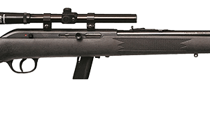 Bolt-action hunting rifle with a scope mounted on top, lying horizontally.