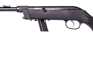 Bolt-action rifle with a black synthetic stock and long barrel, shown in profile.