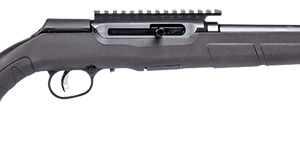 Bolt-action rifle with black synthetic stock laid horizontally from left to right.