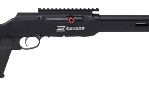 Black tactical semi-automatic rifle with adjustable stock, long barrel, and top Picatinny rail; Savage branding visible on the receiver.