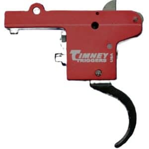 Red trigger assembly with a black curved trigger, side view, branding reads 'Tunney's Triggers USA'.