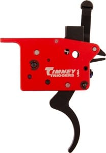 Red Timney Triggers rifle trigger assembly with black lever on white background