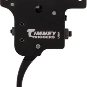 Side view of a black Timney Triggers firearm trigger mechanism with curved lever and mounting plate.
