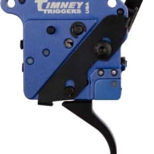 Blue Timney Triggers drop-in rifle trigger assembly with black lever, side view.