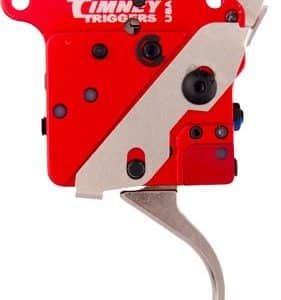 Red Timney Triggers adjustable firearm trigger module with metal lever and mounting hardware.