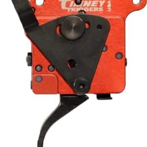 Orange trigger-release mechanism with black levers and curved activation lever; a firearm/archery trigger device used to release a shot.