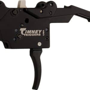Timney Triggers rifle trigger assembly in black metal with the trigger lever and mounting housing visible.