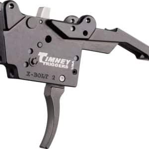 Timney Triggers X-Bolt rifle trigger assembly with curved trigger lever.
