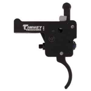 Timney Triggers brand rifle trigger mechanism with black housing and curved lever