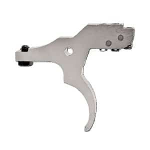 Silver metal trigger-shaped hand tool with a curved grip and small wheel components along the top edge.