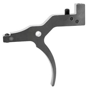 Metal trigger lever component with curved finger grip and mounting holes for attachment