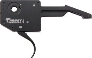 Black metal lever-trigger device with a long curved arm and circular mounting hole, labeled with a logo, plus a cable extending from the base.