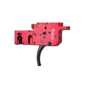 Red metal trigger mechanism with a black curved handle, isolated on white, looking like a gun-style tool component.
