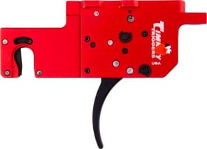 Red handheld metal tool with a black curved trigger and multiple adjustment screws, likely a riveting/clamping device.