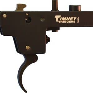 Black metal firearm trigger mechanism with a curved trigger, showing visible branding on the side.