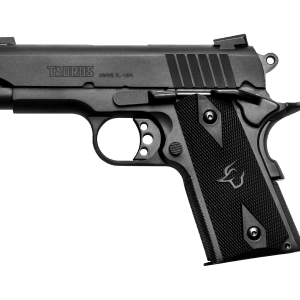 Side view of a Taurus semi-automatic pistol with textured grip and serrated slide markings, shown against a black background.