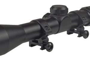 Black rifle scope with two mounting rings and adjustment knobs, used for aiming at distant targets.