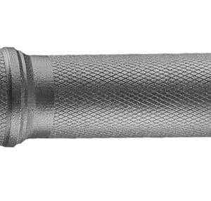Knurled metal tactical flashlight with a crenelated bezel on the left and a textured grip extending to the right.
