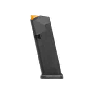 Black pistol magazine with an orange follower, standing upright on a white background.