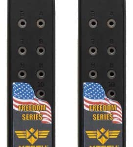 Two black firearm magazines with orange followers, 10-round capacity, Freedom Series by XTech, each with a US flag sticker.