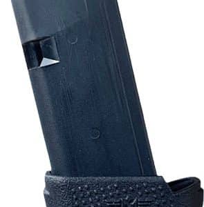 Detached pistol magazine in black with an orange follower, angled view