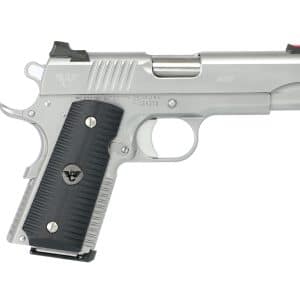 Left-side profile of a silver semi-automatic pistol with a black textured grip.