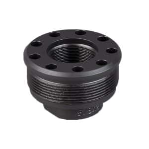 Black metal threaded pipe flange adapter with a circular flange and eight evenly spaced holes around the edge; inner threads visible for attaching a pipe or fitting.